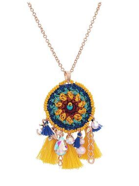 Round Long Sunflower Crochet Flower Yellow Tassel Boho Crocheted Necklace
